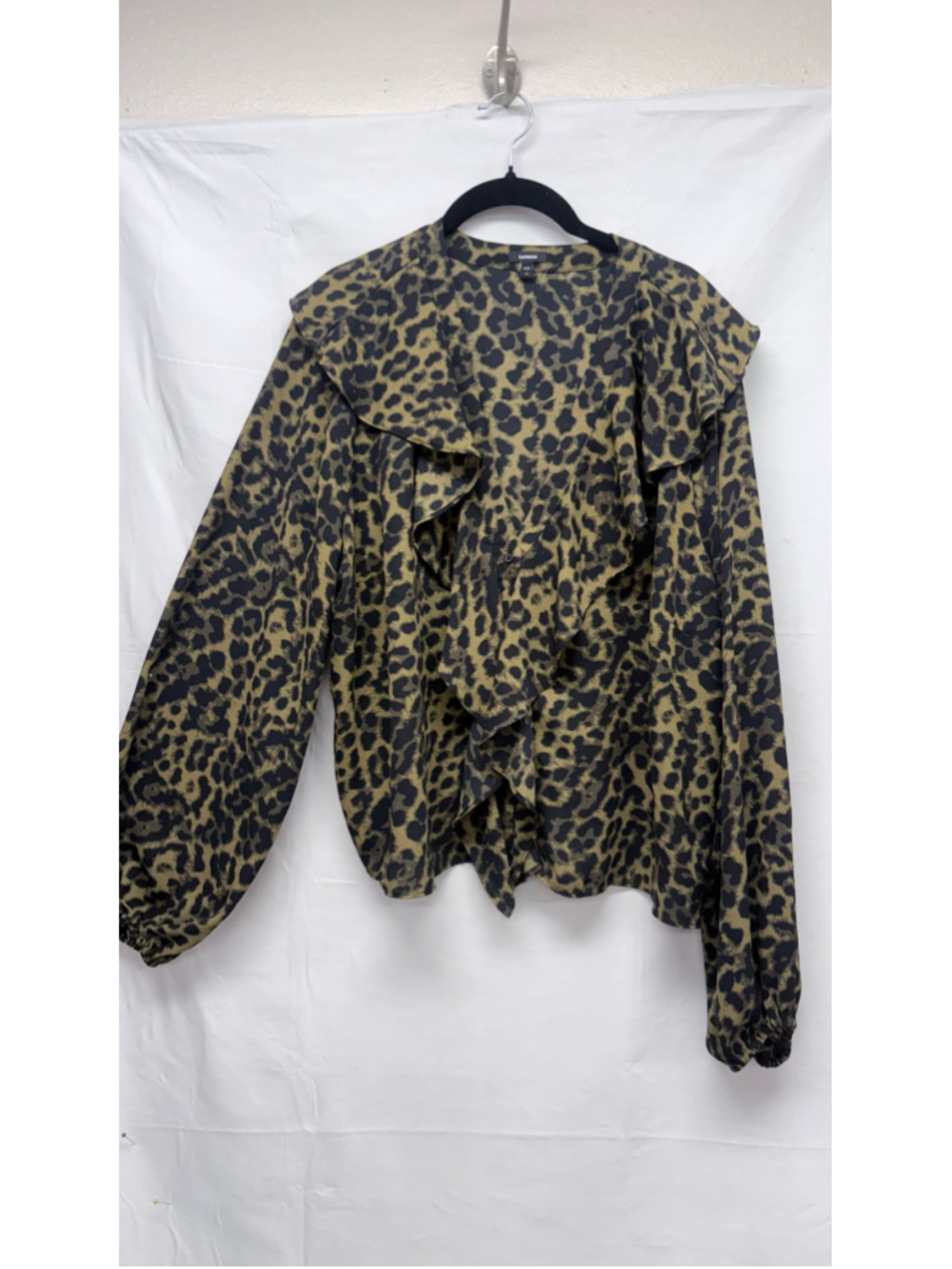 Women's Express Leopard Print Ruffle Blouse Olive Black Size XL